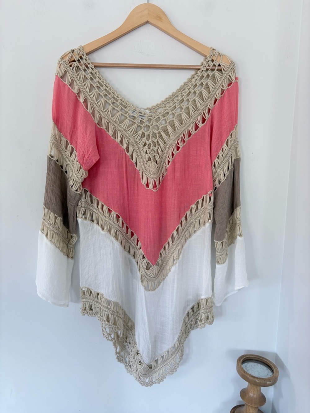 ARIANNA by HOWARD S/M Orange Beige Pullover Tunic Top Macrame Accent Gauze